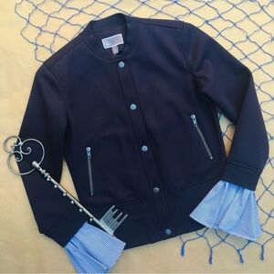Chelsea28 .• Flounce Bell Sleeve Baseball Jacket in Navy XXS XS